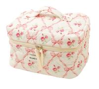 Sac de maquillage matelassé, 9.8x5.9x6.3 Sac de maquillage à arc mignon, coquette florale en coton avec poignée et fermeture éclair, esthétique voyager pour les cadeaux des femmes et des filles