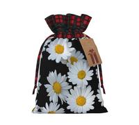 Sac de Noël à carreaux assortis avec cordon de serrage, 12 x 17 cm, motif marguerites blanches