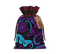 Sac de Noël à carreaux assortis avec cordon de serrage Motif papillon sur une belle fleur 12 x 17 cm