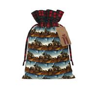 Sac de Noël avec cordon de serrage et étiquette en papier kraft assorti pour Halloween Motif train et chemin de fer 12 x 17 cm