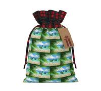 Sac de Noël avec cordon de serrage et étiquette en papier kraft Motif bateau de bord de mer Feuilles de noix de coco 12 x 17 cm