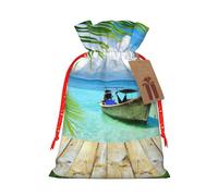 Sac de Noël avec cordon de serrage et étiquette en papier kraft Motif bateau de bord de mer Feuilles de noix de coco 12 x 17 cm