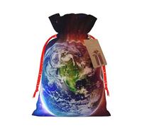 Sac de Noël avec cordon de serrage et étiquette en papier kraft Motif planète spatiale Terre 12 x 17 cm