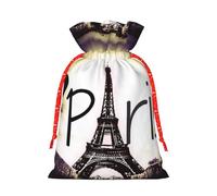 Sac de Noël avec cordon de serrage et étiquette en papier kraft Motif Tour Eiffel Love Paris 12 x 17 cm