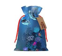 Sac de Noël avec cordon de serrage et étiquette kraft Motif dauphins du monde sous-marin 12 x 17 cm