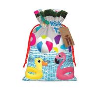 Sac de Noël avec cordon de serrage imprimé flamant rose et piscine avec étiquette kraft 12 x 17 cm pour emballage de cadeaux d'Halloween