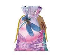 Sac de Noël avec cordon de serrage imprimé fleur rose et libellule bleue, sacs pour emballage de cadeaux, pour mariage, Pâques, fête de vacances
