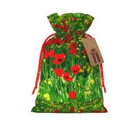 Sac de Noël avec cordon de serrage - Motif paysage de la ferme - Motif coquelicot rouge - 12 x 17 cm