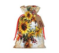Sac de Noël avec cordon de serrage pour peinture à l'huile et motif tournesol avec étiquette kraft 11,9 x 17,5 cm pour emballage de cadeaux d'Halloween
