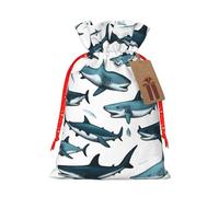 Sac de Noël avec imprimé de requins avec différents gestes - Sac à cordon de serrage pour cadeaux de Noël - Décoration saisonnière - Fournitures de fête