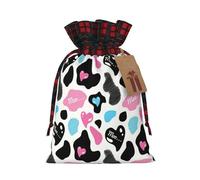Sac de Noël en peau de vache avec cœurs Moo Love - Couleur assortie - Avec cordon de serrage - 12 x 17 cm - Pour Noël et Halloween
