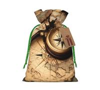 Sac de Noël festif avec motif boussole et carte du monde avec cordon de serrage - Cadeau pour les vacances, les anniversaires de mariage, les fêtes