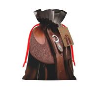 Sac de Noël réutilisable avec cordon de serrage en forme de selle de cheval avec chapeau de cowboy imprimé sauvage pour fête de Noël, emballage cadeau de Noël, ruban rouge, S