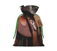 Sac de Noël réutilisable avec cordon de serrage en forme de selle de cheval avec chapeau de cowboy imprimé sauvage, ruban vert, taille S