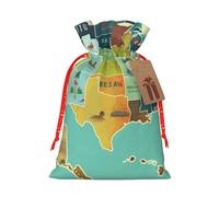 Sac de Noël réutilisable avec cordon de serrage imprimé carte des États-Unis et bord de mer pour emballage cadeau de Noël, ruban rouge, taille M