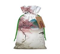 Sac de Noël réutilisable avec cordon de serrage imprimé fleurs de cerisier et paysage de rivière pour emballage cadeau de Noël, ruban vert, taille M