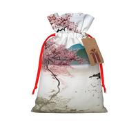 Sac de Noël réutilisable avec cordon de serrage imprimé fleurs de cerisier et paysage de rivière pour fête de Noël, ruban rouge, taille S