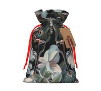 Sac de Noël réutilisable avec cordon de serrage imprimé papillon qui ressemble à un paon pour fête de Noël, emballage cadeau de Noël, ruban rouge, S