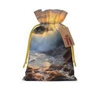 Sac de Noël réutilisable avec cordon de serrage imprimé vague rocheuse coucher de soleil pour emballage cadeau de Noël, ruban jaune, taille S
