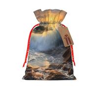 Sac de Noël réutilisable avec cordon de serrage imprimé vague rocheuse coucher de soleil pour emballage cadeau de Noël, ruban rouge, taille M