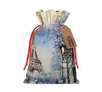 Sac de Noël romantique avec cordon de serrage et étiquette en papier kraft Motif Tour Eiffel 12 x 17 cm Pour Halloween