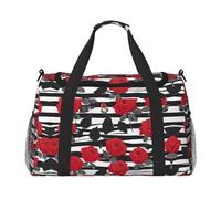 Sac de nuit à rayures noires et blanches avec imprimé de roses rouges pour homme et femme - Sac à bandoulière pour voyage essentiel, noir, One Size
