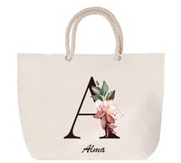 Sac de plage anse corde Alma Lettre Fleur | Cabas Toile Coton Cadeau Anniversaire Femme Noël Fête des Mères Grand Sac Transport Sport