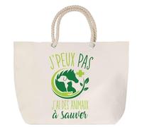 Sac de plage anse corde Animaux à Sauver J'peux pas | Cadeau Passionné Anniversaire Noël Toile de Coton Grand Sac de Transport & Sport
