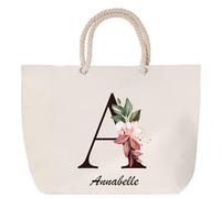 Sac de plage anse corde Annabelle Lettre Fleur | Cabas Toile Coton Cadeau Anniversaire Femme Noël Fête des Mères Grand Sac Transport Sport