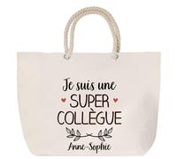 Sac de plage anse corde Anne-Sophie Une Super Collègue | Cabas Toile Coton Cadeau Anniversaire Femme Noël Fête des Mères Grand Sac Transport Sport