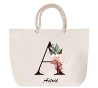 Sac de plage anse corde Astrid Lettre Fleur | Cabas Toile Coton Cadeau Anniversaire Femme Noël Fête des Mères Grand Sac Transport Sport