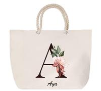 Sac de plage anse corde Aya Lettre Fleur | Cabas Toile Coton Cadeau Anniversaire Femme Noël Fête des Mères Grand Sac Transport Sport