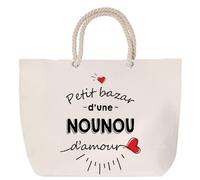 Sac de plage anse corde Bazar d'une Nounou d'amour | Cabas Courses Anniversaire Femme Noël Fête des Mères Cadeau Mamies Grand Sac Transport Sport