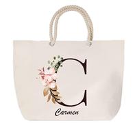 Sac de plage anse corde Carmen Lettre Fleur | Cabas Toile Coton Cadeau Anniversaire Femme Noël Fête des Mères Grand Sac Transport Sport