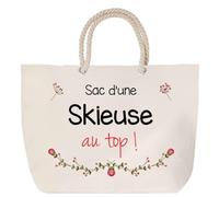 Sac de plage anse corde d'une Skieuse au Top | Cadeau Métier Femme Anniversaire Noël Toile de Coton Grand Sac de Transport & Sport