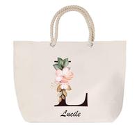 Sac de plage anse corde Lucile Lettre Fleur | Cabas Toile Coton Cadeau Anniversaire Femme Noël Fête des Mères Grand Sac Transport Sport