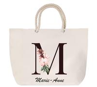 Sac de plage anse corde Marie-Anne Lettre Fleur | Cabas Toile Coton Cadeau Anniversaire Femme Noël Fête des Mères Grand Sac Transport Sport