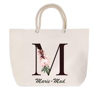 Sac de plage anse corde Marie-Madeleine Lettre Fleur | Cabas Toile Coton Cadeau Anniversaire Femme Noël Fête des Mères Grand Sac Transport Sport
