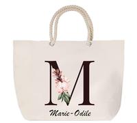 Sac de plage anse corde Marie-Odile Lettre Fleur | Cabas Toile Coton Cadeau Anniversaire Femme Noël Fête des Mères Grand Sac Transport Sport