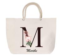 Sac de plage anse corde Marthe Lettre Fleur | Cabas Toile Coton Cadeau Anniversaire Femme Noël Fête des Mères Grand Sac Transport Sport