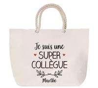 Sac de plage anse corde Marthe Une Super Collègue | Cabas Toile Coton Cadeau Anniversaire Femme Noël Fête des Mères Grand Sac Transport Sport