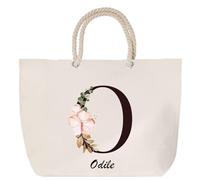Sac de plage anse corde Odile Lettre Fleur | Cabas Toile Coton Cadeau Anniversaire Femme Noël Fête des Mères Grand Sac Transport Sport