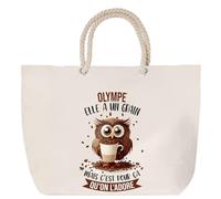 Sac de plage anse corde Olympe Chouette Grain | Cabas Toile Coton Cadeau Anniversaire Femme Noël Fête des Mères Grand Sac Transport Sport