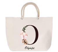 Sac de plage anse corde Olympe Lettre Fleur | Cabas Toile Coton Cadeau Anniversaire Femme Noël Fête des Mères Grand Sac Transport Sport