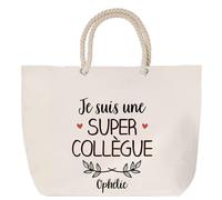 Sac de plage anse corde Ophélie Une Super Collègue | Cabas Toile Coton Cadeau Anniversaire Femme Noël Fête des Mères Grand Sac Transport Sport