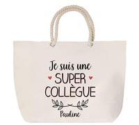 Sac de plage anse corde Pauline Une Super Collègue | Cabas Toile Coton Cadeau Anniversaire Femme Noël Fête des Mères Grand Sac Transport Sport
