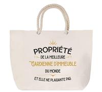 Sac de plage anse corde Propriété de la Meilleure Gardienne d'immeuble Cabas Cadeau Collègue Femme Humour Retraite Secret Santa, Grand Sac Sport Voyage Shopping