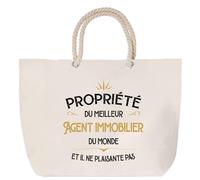 Sac de plage anse corde Propriété du Meilleur Agent immobilier Cabas Cadeau Homme Humour Fête des Pères Retraite Collègue Travail Grand Sac Sport