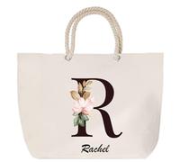 Sac de plage anse corde Rachel Lettre Fleur | Cabas Toile Coton Cadeau Anniversaire Femme Noël Fête des Mères Grand Sac Transport Sport
