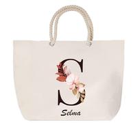 Sac de plage anse corde Selma Lettre Fleur | Cabas Toile Coton Cadeau Anniversaire Femme Noël Fête des Mères Grand Sac Transport Sport
